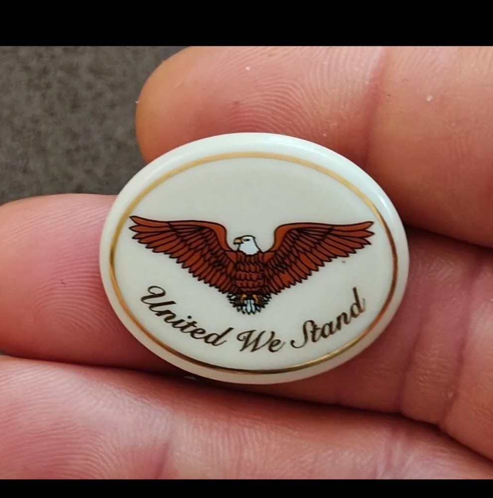 Vintage 1980s "United We Stand" Patriotic Ceramic Bald Eagle Pin.